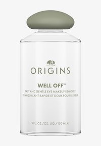 Kirkas lasipullo, jossa on pyöreä, mattavihreä oliivinvärinen korkki. Etiketissä vihreää tekstiä valkoisella taustalla, joka kertoo silmämeikinpoistoaineesta.