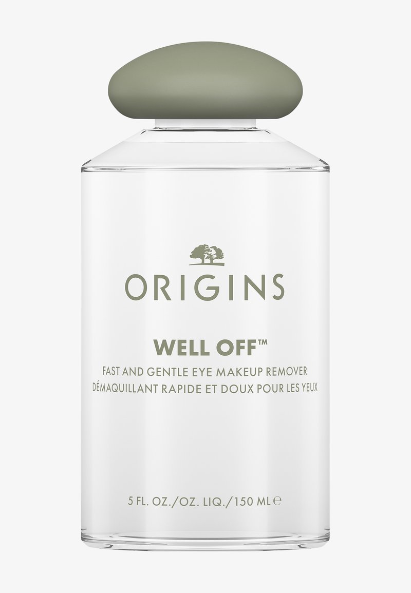 Klare Glasflasche mit rundem, matt olivgrünem Verschluss. Das Etikett zeigt grünen Text auf weißem Hintergrund und weist auf einen Augen-Make-up-Entferner hin.