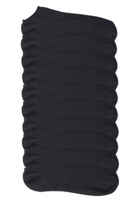 Chaussettes noires de cheville, fabriquées en tissu doux avec une texture lisse, empilées soigneusement, affichant des bords arrondis et sans motifs ni dessins visibles.