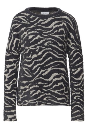 Tynd, langærmet sweater med sort og cremefarvet zebra mønster. Rund halsudskæring, blød tekstur og afslappet pasform.