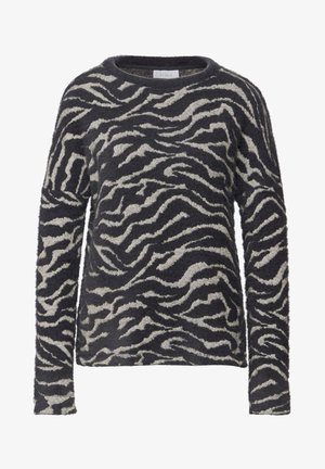Tynd, langærmet sweater med sort og cremefarvet zebra mønster. Rund halsudskæring, blød tekstur og afslappet pasform.
