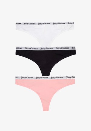 Tre paia di perizomi donna in cotone bianco, nero e rosa. Ognuno presenta un elastico bianco con la scritta "Juicy Couture" in lettere nere.
