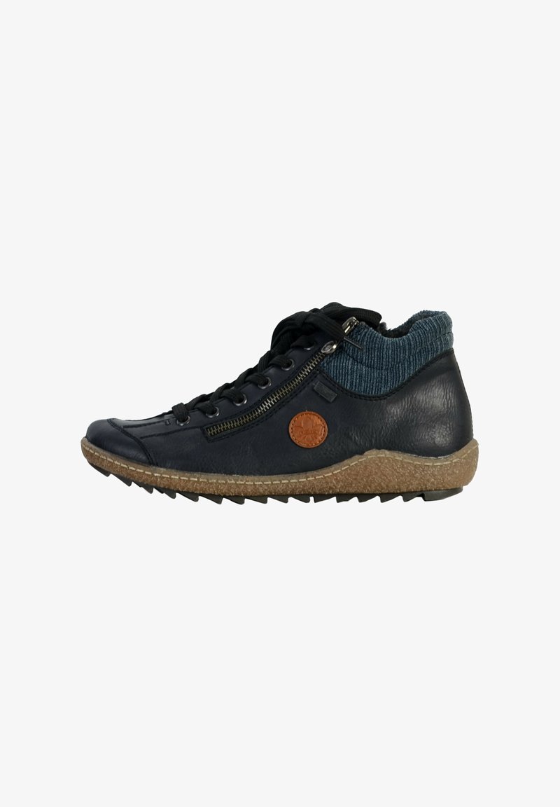 Baskets montantes en cuir noir avec col en tricot bleu, dotées de lacets et d'une fermeture éclair latérale, et d'une semelle texturée en liège.