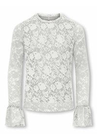 Koronkowa bluzka z długim rękawem w jasnoszarym kolorze, zdobiona kwiatowymi wzorami, z okrągłym dekoltem i rozszerzanymi mankietami z falistymi krawędziami.