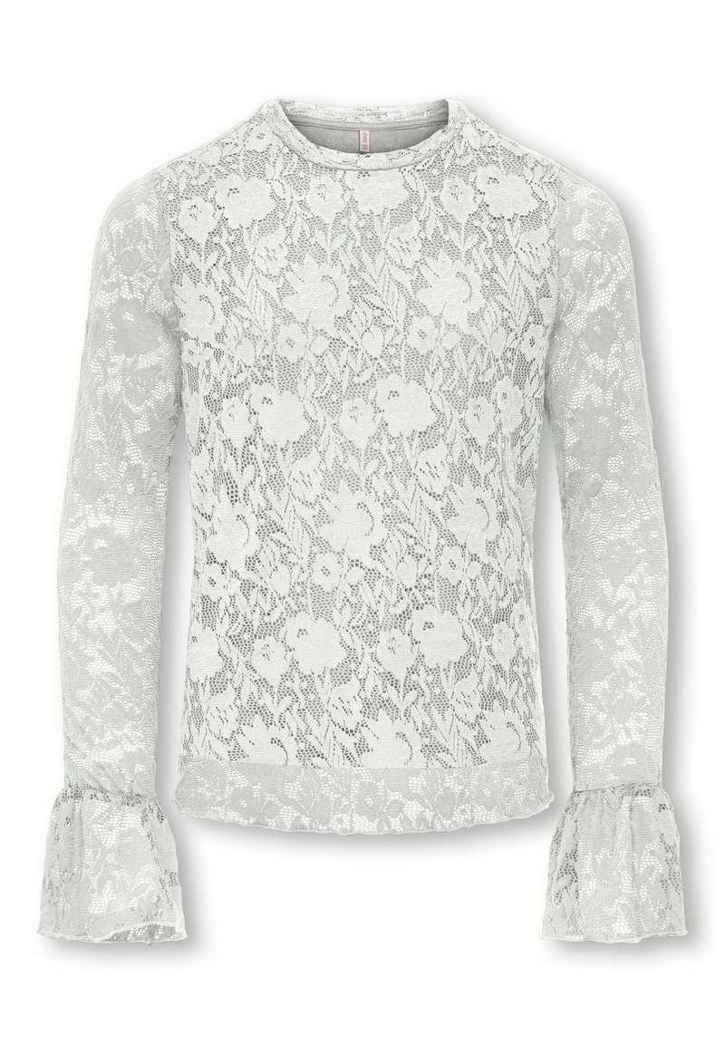 Koronkowa bluzka z długim rękawem w jasnoszarym kolorze, zdobiona kwiatowymi wzorami, z okrągłym dekoltem i rozszerzanymi mankietami z falistymi krawędziami.