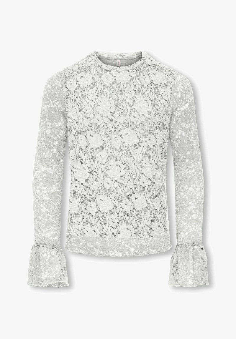 Koronkowa bluzka z długim rękawem w jasnoszarym kolorze, zdobiona kwiatowymi wzorami, z okrągłym dekoltem i rozszerzanymi mankietami z falistymi krawędziami.