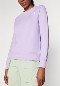 Felpa leggera viola con scollatura a girocollo, polsini e orlo a costine, caratterizzata da un piccolo logo bianco sul petto. Indossata con pantaloni cargo verde chiaro.