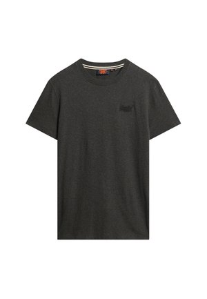Mørkegrå t-shirt med korte ærmer og rund halsudskæring med subtilt broderet logo på venstre bryst og stribet detalje indeni kraven.