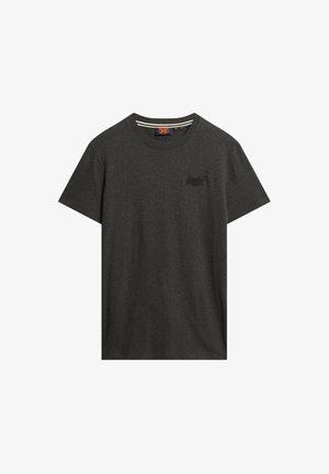 Mørkegrå t-shirt med korte ærmer og rund halsudskæring med subtilt broderet logo på venstre bryst og stribet detalje indeni kraven.