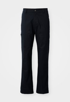 Dark navy pants made of cotton blend, featuring a straight cut, zippered side pocket, and subtle stitching details.