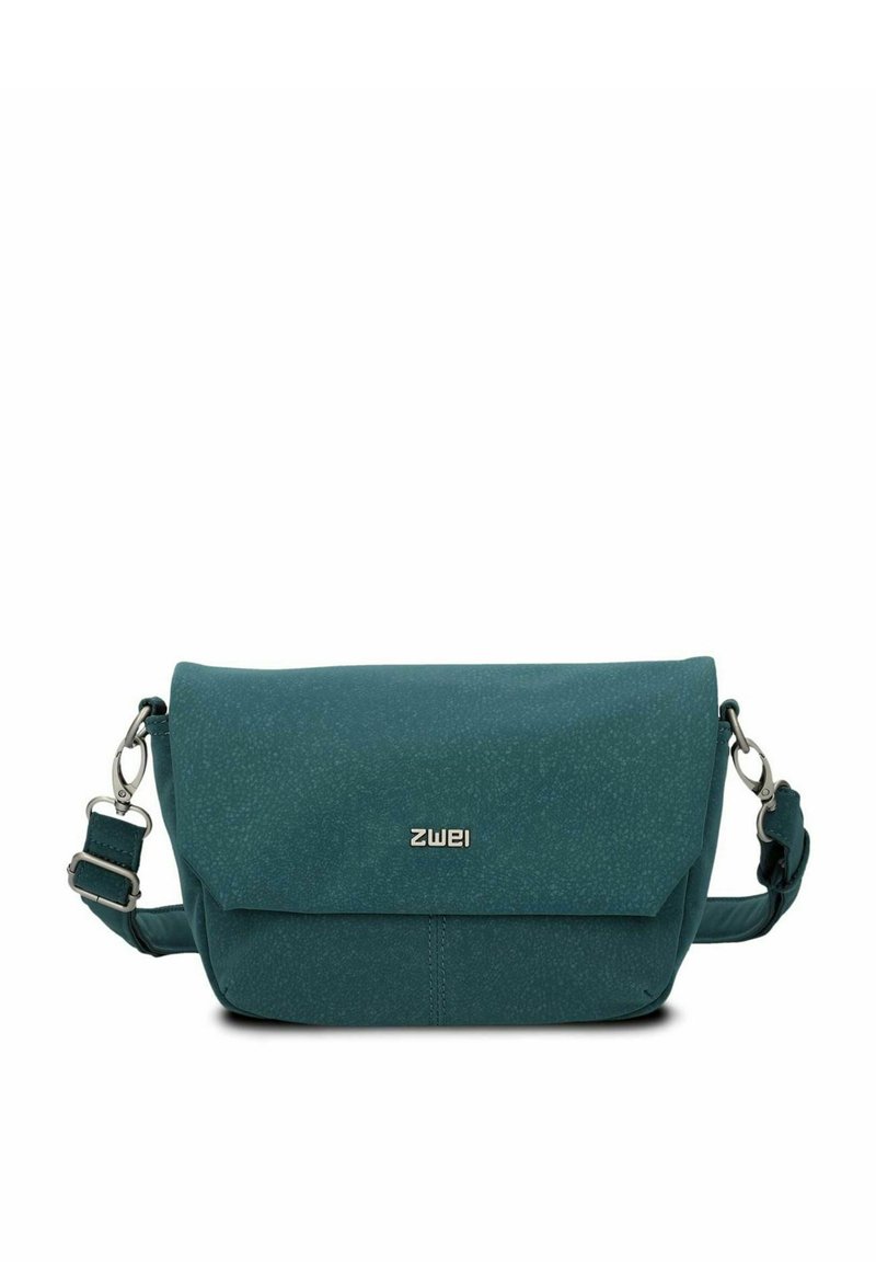 Borsa a tracolla turchese realizzata in materiale sintetico testurizzato, con chiusura a pattina, tracolla regolabile e logo argentato.
