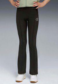 Pantaloni sportivi neri con un design aderente, caratterizzati da una vita alta, pannelli laterali e un logo ricamato sull'anca sinistra.