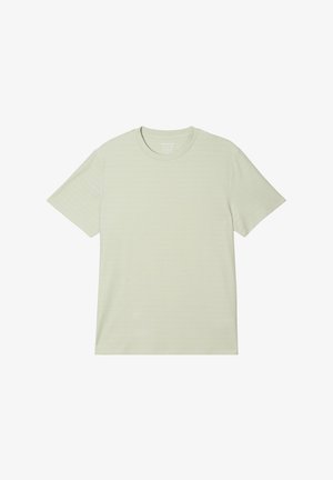 T-shirt verde chiaro realizzato in morbido cotone, con collo rotondo e maniche corte, caratterizzato da una sottile texture a righe.