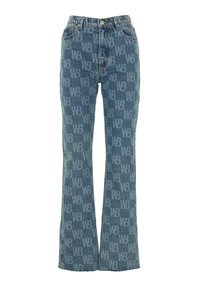 Denim pants with a light blue wash, featuring a repeated 'WB' logo pattern. Flared leg design, standard five-pocket styling, and button closure.