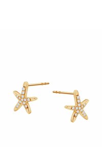 Złote kolczyki w kształcie rozgwiazd zdobione małymi, błyszczącymi przezroczystymi kryształkami, z zapięciem na sztyft dla zapewnienia bezpiecznego noszenia.