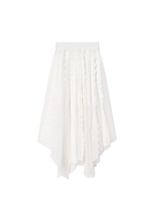 Gonna bianca asimmetrica con bordo in pizzo e tessuto arricciato a una ampia cintura, orlo irregolare e fluente.