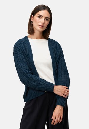 Vrouw met bruin haar, gekleed in zilveren ringoorbellen, een marineblauwe gebreide cardigan, een witte top en zwarte broek, met de armen gekruist geposeerd.