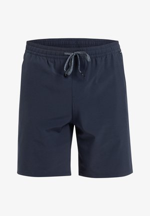 Marineblauwe badshorts van lichtgewicht stof, met een elastische tailleband met trekkoord en zijzakken voor gemak.