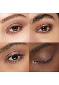 Quatre gros plans d'yeux avec fard à paupières marron et mascara, mettant en valeur une diversité de tons de peau ainsi que des sourcils de différentes épaisseurs et formes.