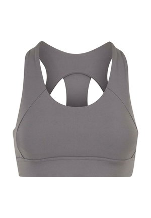 Gray sports bra with a scoop neckline, wide straps, and cut-out back detail. Made from smooth, stretchy material for comfort.