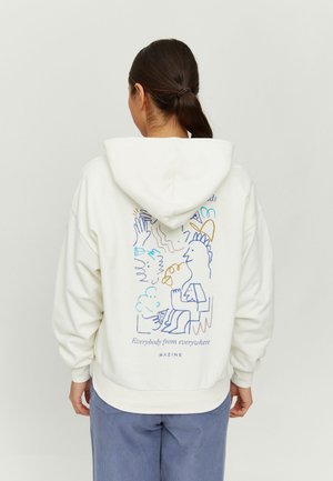 White hoodie with illustrations in blue and yellow on the back. Features a drawstring hood and ribbed cuffs. Text reads "Everybody from everywhere."