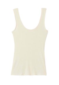 Débardeur beige clair avec un décolleté dégagé et des larges bretelles. Présente un tissu texturé avec des bords délicats en forme de vagues le long du décolleté et des emmanchures.