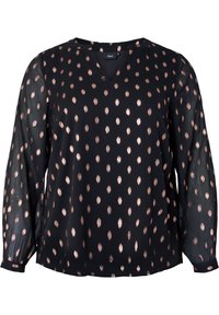Blusa nera con scollo a V, maniche lunghe trasparenti e un motivo di punti in oro rosa. Il tessuto sembra leggero e ha una consistenza liscia.