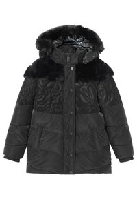 Czarna pikowana kurtka puchowa z odpinanym kapturem z futra sztucznego, pikowane kwiatowe wzory na ramionach, napy oraz dwie przednie kieszenie. Gładka tekstura.