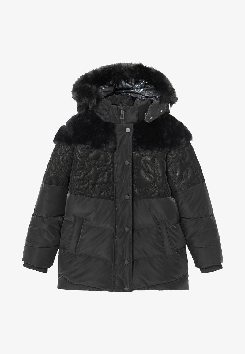 Czarna pikowana kurtka puchowa z odpinanym kapturem z futra sztucznego, pikowane kwiatowe wzory na ramionach, napy oraz dwie przednie kieszenie. Gładka tekstura.