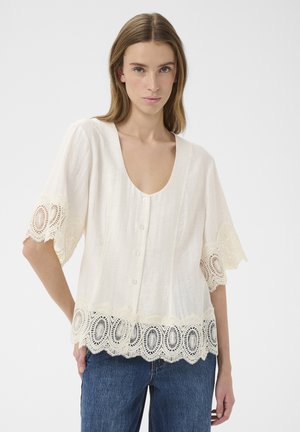 Mujer con blusa blanca abotonada con borde de encaje en las mangas y el dobladillo, combinada con vaqueros azules, frente a un fondo sencillo.