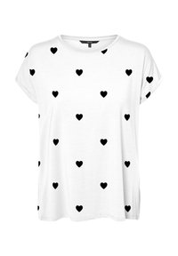 Witte T-shirt met korte mouwen, zwart hartjespatroon, ronde halslijn en licht opgerolde mouwboorden.