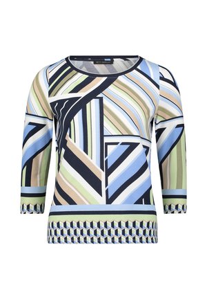 Haut à manches longues multicolore avec des motifs géométriques en bleu, vert, beige et noir. Tissu lisse avec encolure arrondie et manches ajustées.