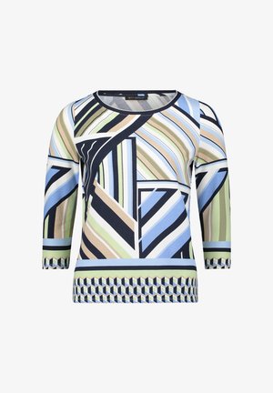 Meerlagig lang mouw top met geometrische patronen in blauw, groen, beige en zwart. Gladde stof met afgeronde halslijn en aansluitende mouwen.