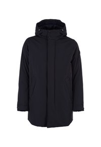 Zwarte parka jas met een capuchon, voorzien van een zachte textuur, voorste drukknoopsluitingen, twee zijzakken en verstelbare trekkoorden.