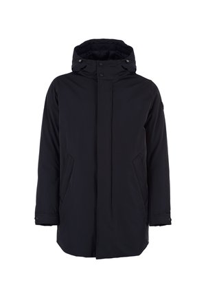 Czarna parka z kapturem, o gładkiej fakturze, z zapięciem na zatrzask z przodu, dwoma bocznymi kieszeniami i regulowanym sznurkiem.