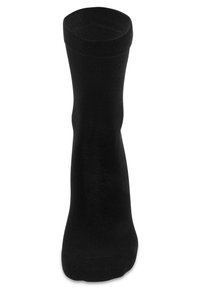 Schwarze Baumwollsocke mit glatter Textur, hohem Design und elastischer Manschette am oberen Rand, mit nahtlosem Zehenbereich und ohne sichtbare Muster.