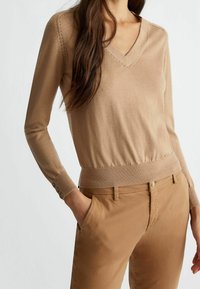 Pull beige à col en V avec des manches longues, une taille côtelée et des accents de boutons sur les poignets, associé à un pantalon marron clair. Texture lisse.
