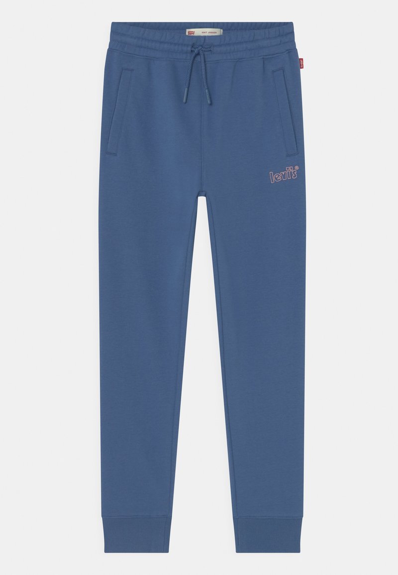 Joggers bleus en tissu doux, dotés d'une taille élastique avec cordon de serrage, de deux poches latérales et d'un petit logo sur la hanche.
