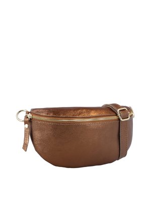 Kleine braune Leder-Gürteltasche mit goldenem Reißverschluss und verstellbarem Riemen auf weißem Hintergrund.
