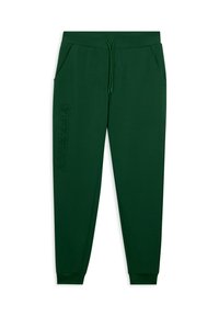 Pantaloni jogger verdi con vita regolabile tramite cordino, tasche laterali e un logo texturizzato sulla gamba sinistra. Il tessuto è morbido e liscio.