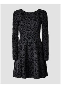 Svart klänning med långa ärmar, blommönstrad spetstextur, figurnära bodice och utsvängd kjol. Har en rund halsringning och subtila detaljer i metall.