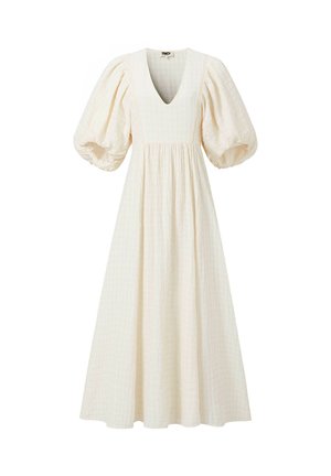 Mittelanges Kleid in Creme mit tiefem V-Ausschnitt und voluminösen, aufgepufften Dreiviertelärmeln, aus strukturiertem Stoff mit geraffter Taille.