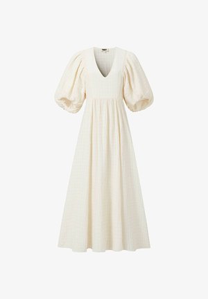 Mittelanges Kleid in Creme mit tiefem V-Ausschnitt und voluminösen, aufgepufften Dreiviertelärmeln, aus strukturiertem Stoff mit geraffter Taille.