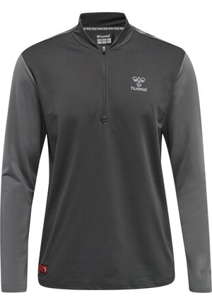 Donkergrijs sportshirt met lange mouwen en een half rits kraag, met een logo op de borst en contrasterende mouwen, gemaakt van een gladde stof.