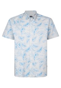 Camicia a maniche corte con bottoni in azzurro chiaro e bianco, caratterizzata da un motivo floreale e fogliare stampato su un tessuto leggero.