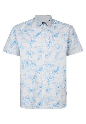 Kurzärmliges Button-Down-Hemd in Hellblau und Weiß, mit einem floralen und blättrigen Muster, das auf leichtem Stoff gedruckt ist.