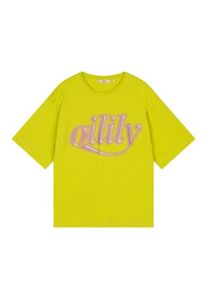 Heldere gele oversized T-shirt met korte mouwen en roze gestileerde "oilily" tekst gecentreerd op de voorkant.