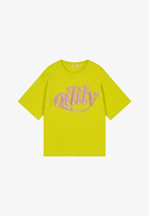 Heldere gele oversized T-shirt met korte mouwen en roze gestileerde "oilily" tekst gecentreerd op de voorkant.