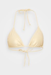 Triangulær bikinitopp i et skinnende, lys beige stoff. Har tynne snorer for å knyte i nakken og bak. Glatt tekstur med rynkede detaljer.