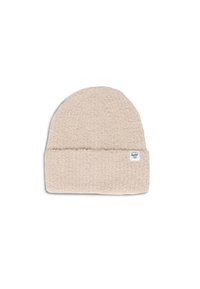 Berretto beige chiaro realizzato in materiale morbido e peloso. Presenta un risvolto e una piccola etichetta con logo di lato.